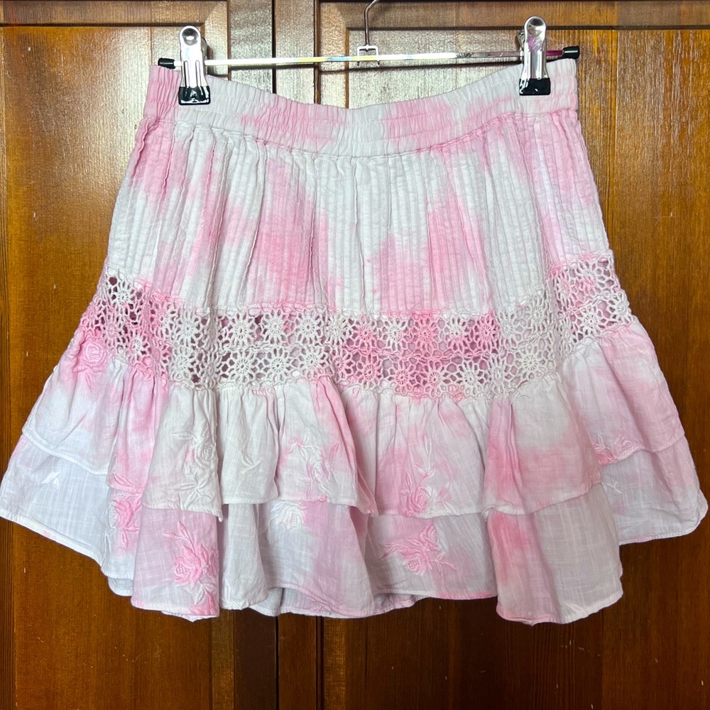 Loveshackfancy Pink and White Tie Dye Mini Skirt Size S